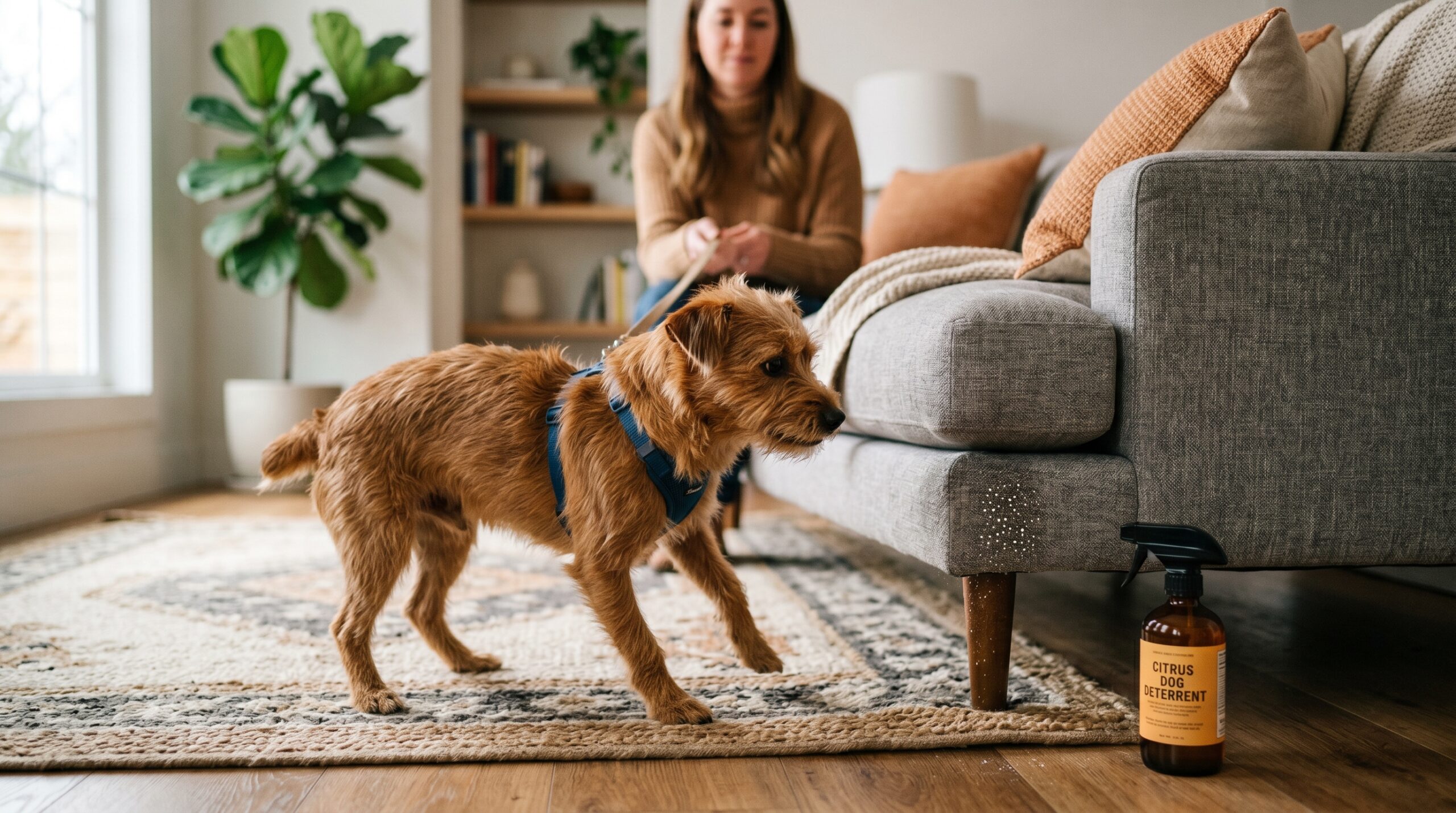 Dog avoiding couch after natural scent deterrent training