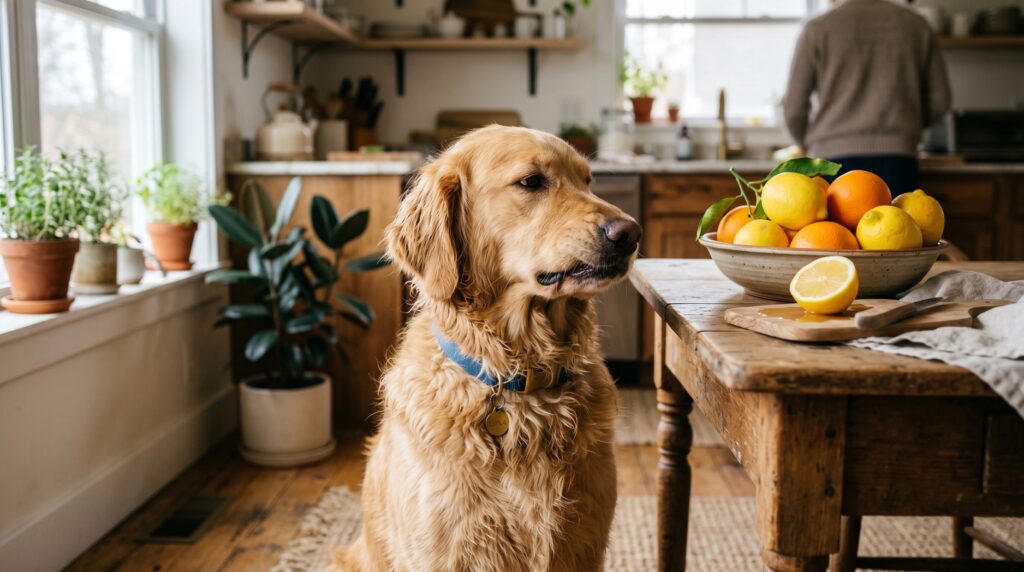Golden retriever reacting to strong citrus smell indoors