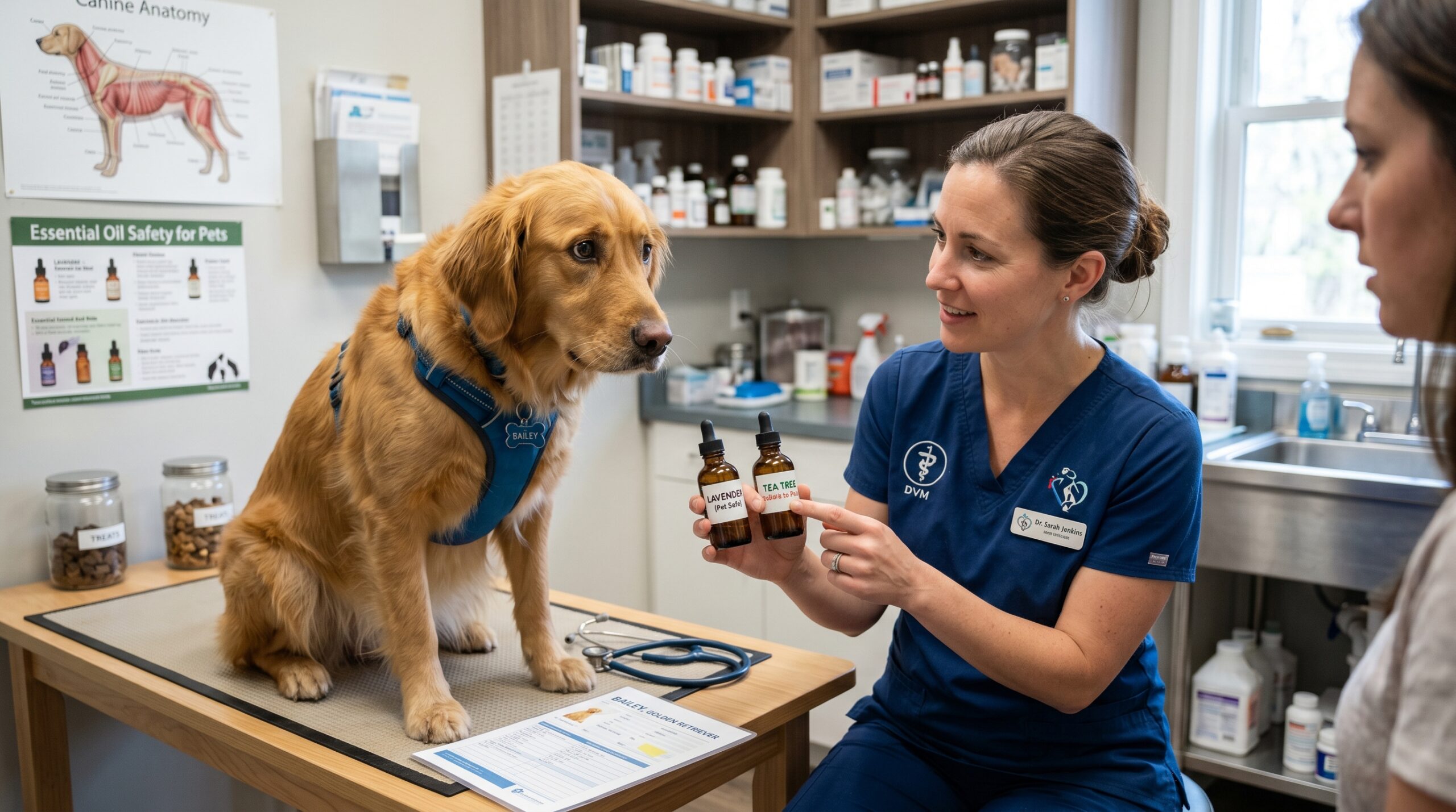 Veterinarian discussing essential oils safety near dog